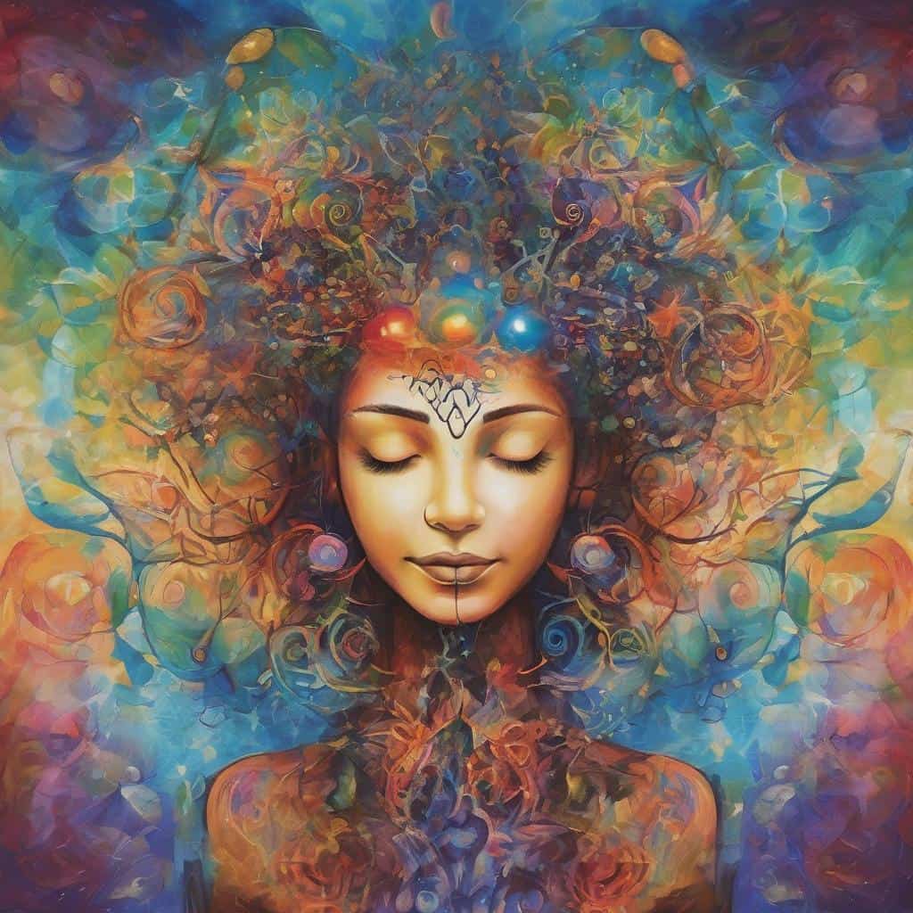 Καλλυντικά και τέχνη σε μια όμορφη, πολύχρωμη ζωγραφιά γυναίκας με κλειστά μάτια και αφηρημένο φόντο.