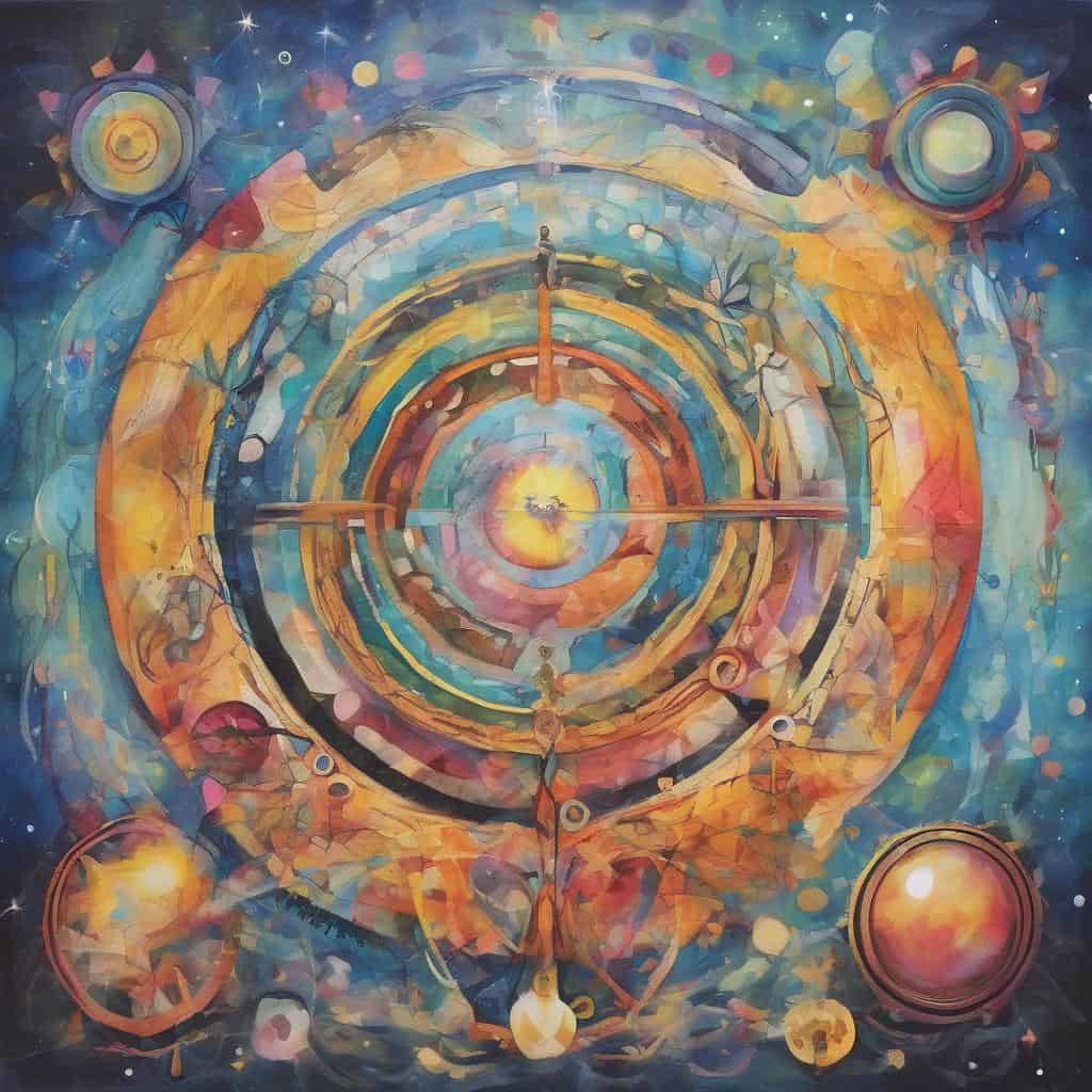 Ζωγραφιά με πολύχρωμο ρολόι σε αφηρημένο στυλ, εμπνευσμένο από το χρόνο και την καθημερινότητα.